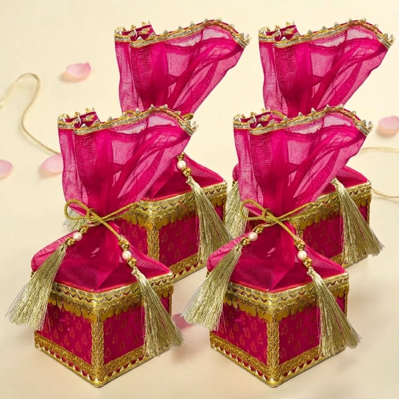 Brocade Potli Gift Boxes (4 Pcs) with Organza Top – Traditional Indian Wedding Favor Bags with Tassels – Small Shagun Box for Women Jewelry, Dry Fruits & Party Return Gifts